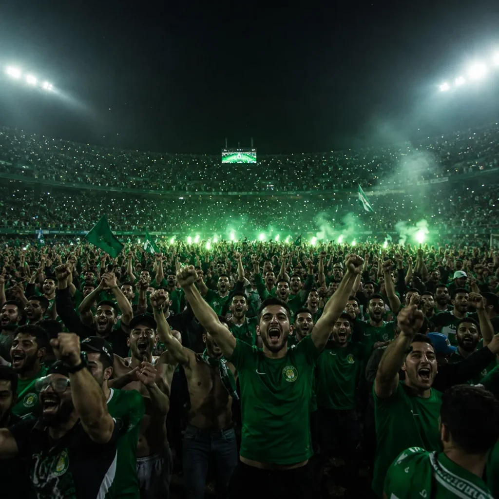 Celebratory stadium crowd amidst green haze