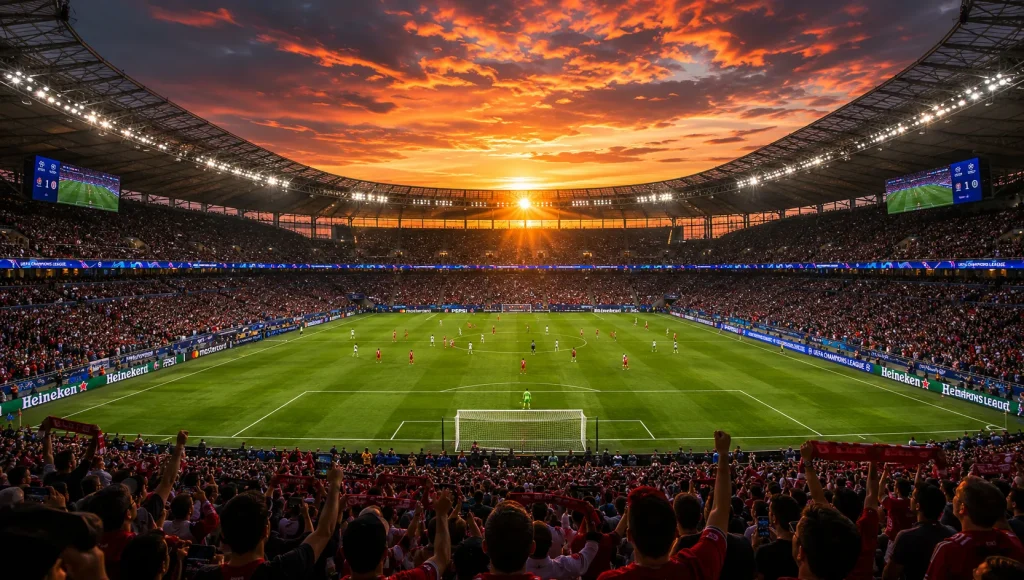 Champions League match at sunset